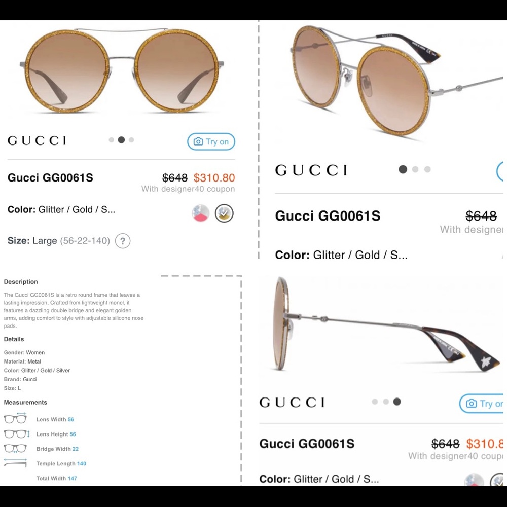 GUCCI UNISEX GOLD GLITTER ROUND SUNGLASSES, 2024 FASHION STATEMENT IS ROUND - Picture 6 of 16